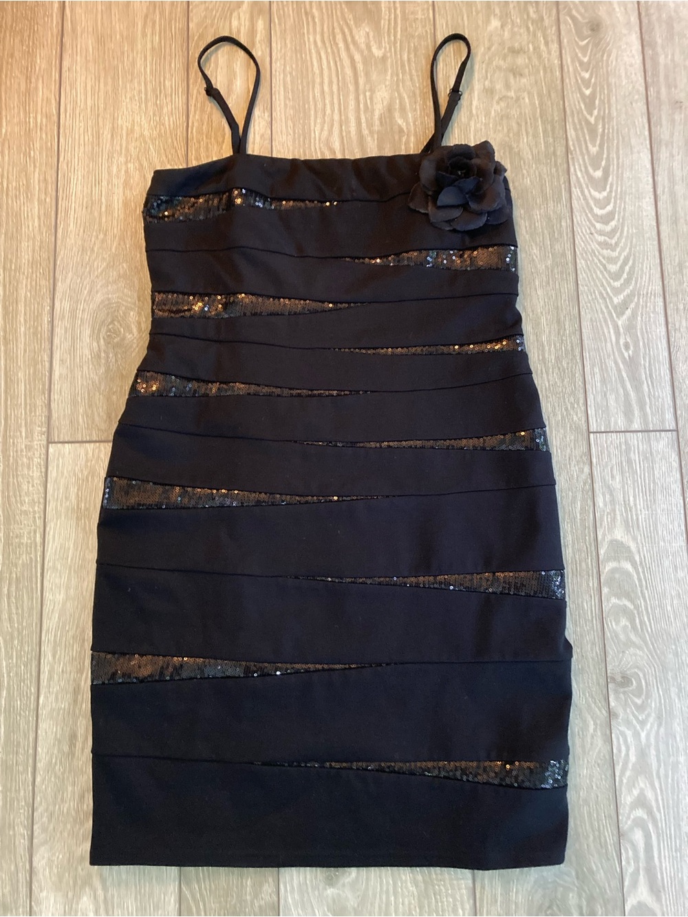 INC International Concepts Black Sequin Bandage Mini Dress with Floral Accent